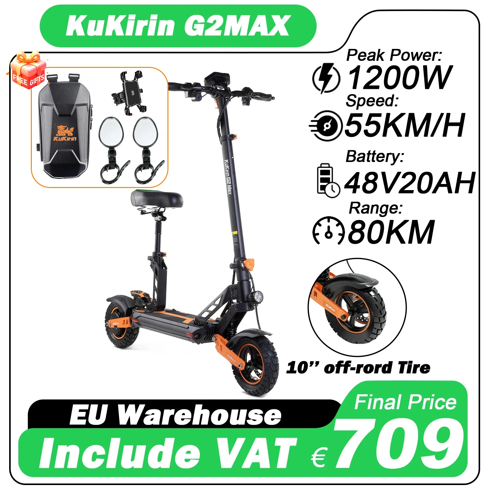 KuKirin G2Max Elektroroller, 1200-Spitzenleistung, 1000 W Motor, Offroad-Elektroroller, 20 Ah, 80