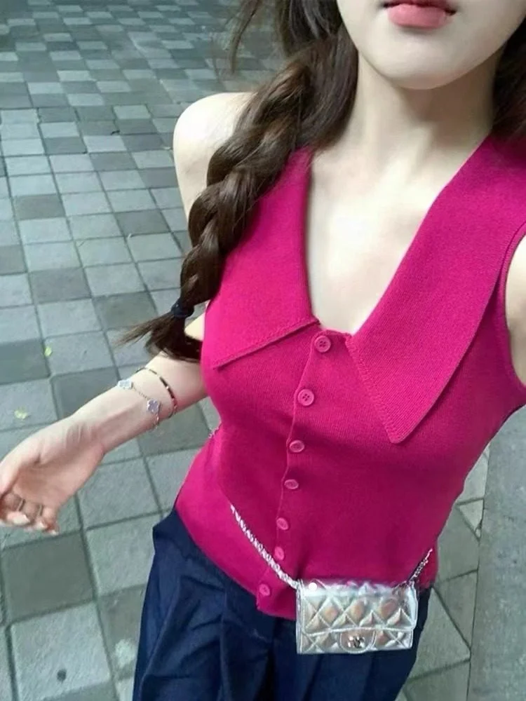 

Розовый вязаный жилет ort Svel, женский повседневный облегающий топ с отложным воротником, маленький размер, осенний наряд Faion Dopane