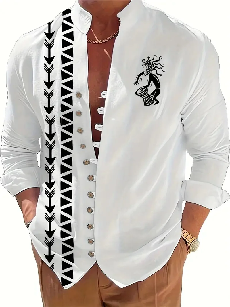 Men's Long Sleeve Shirt New Printed Button Shirt Fashion Loose Men's Shirt Casual Clothing Muslim Men's Clothing,