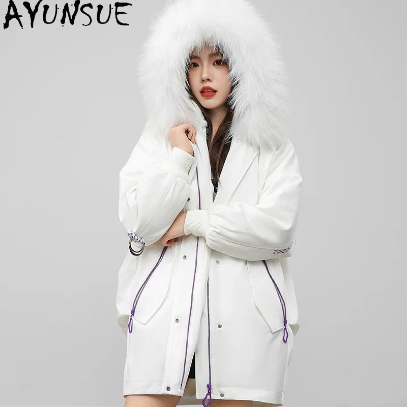 

AYUNSUE Rex Rabbit Fur Coat 2025 Real Fur Coats for Women Winter Clothes Raccoon Fur Collar Mid-length Womens Parka Шуба Женская