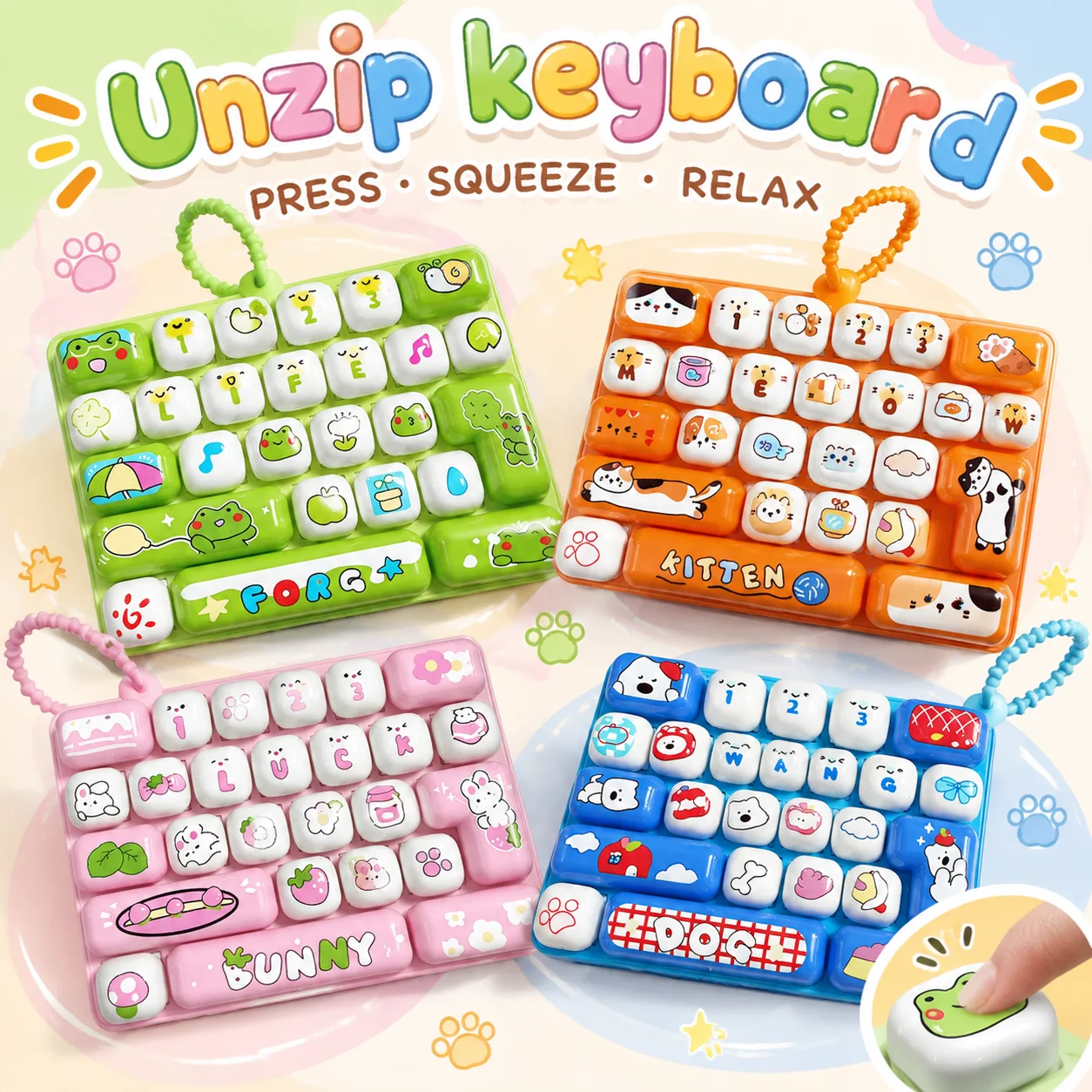 Cute Animal Keyboard Keycap Clicker Keychain Fidget Toy Push Button Stress Relief Decompression Sensory Bag Charm Gift