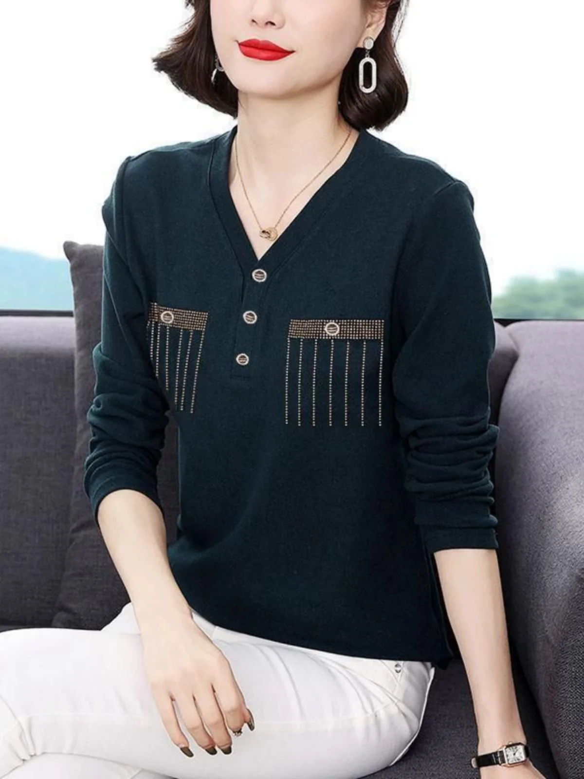 High-End V-Neck Double-Faced Velvet Thermal Women's T-Shirt Loose Fit Belly Covering Glitter Top Korean Style Winter Long Sleeve