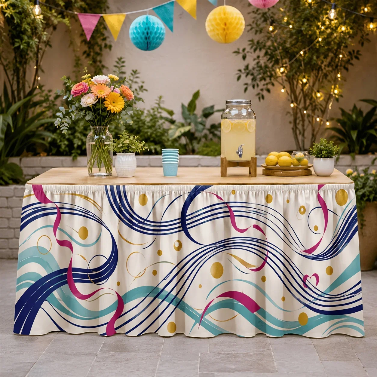 1 tablecloth skirt with abstract swirl pattern in blue turquoise, pink and gold