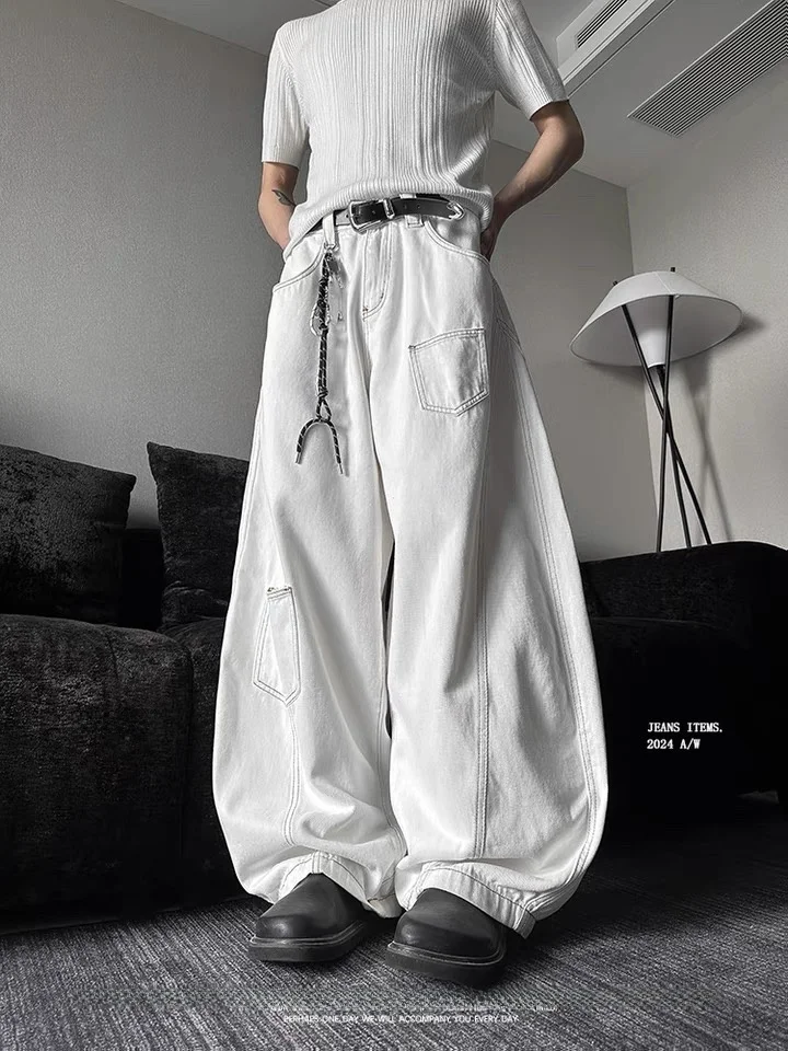 

American High Street White Design Bend Knife Jeans Loose Wide Leg Floor-Length Pants for Men And Women Summer Slimming High W...