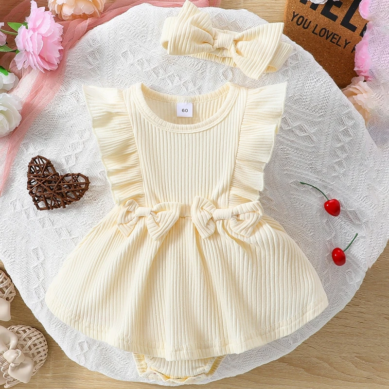 

Newborn Baby Girls Summer Outfit Solid Ribbed Ruffled Sleeveless Romper Dress with Headband