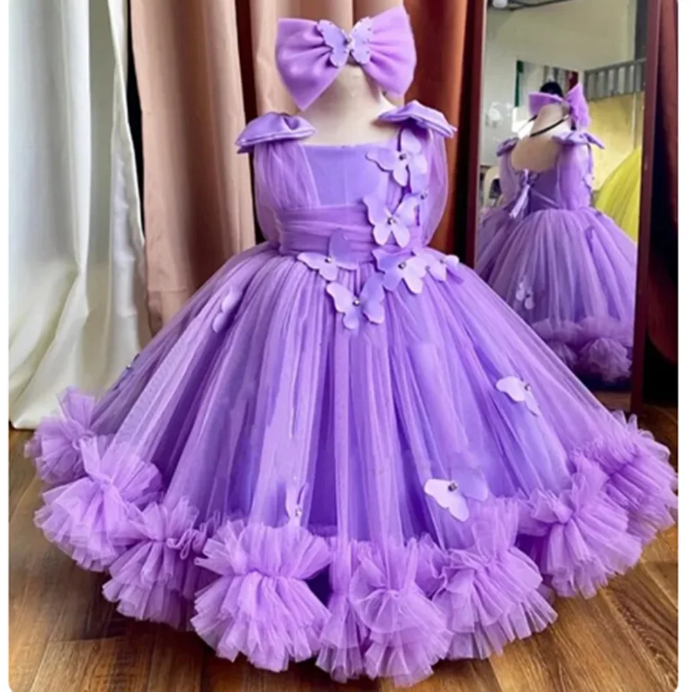 الكرة ثوب مخصص زهرة فتاة فساتين طبقات تول ثلاثية الأبعاد الفراشات الأميرة فساتين عيد ميلاد أول مناولة فستان