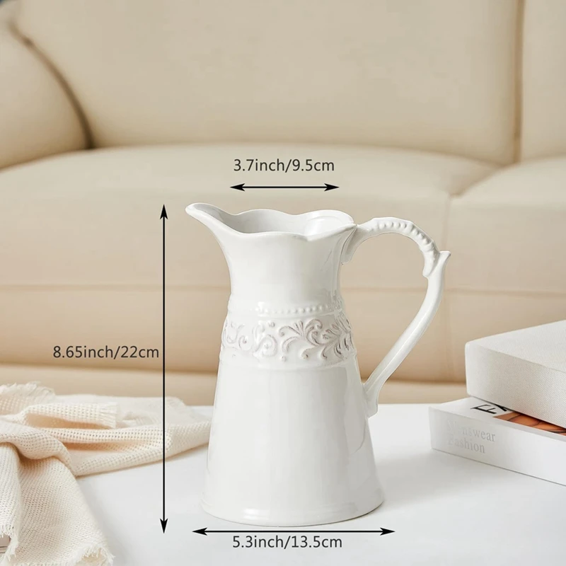 White Ceramic Pitcher Vase, Flower Vase Pitcher,Farmhouse Vase for Home Decor, 8.5inch Jug Vase. for Home Decoration-A27R