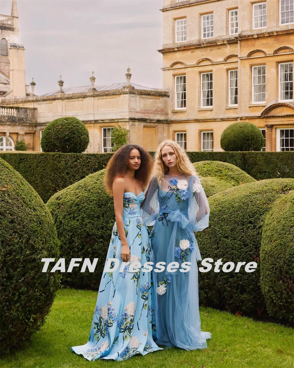 TAFN Blue Vintage Floral Dresses Straplesss A-line Draped Evening Party Dresses Floor-Length Elegant Prom Gown Sleeveless