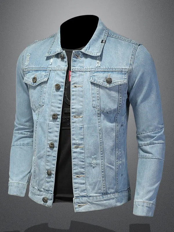 

Светло-голубая мужская джинсовая куртка Slim Fit, весна-осень, новая модель, простой корейский стиль, с прорезями, из смесового хлопка и полиэстера, длинный рукав.