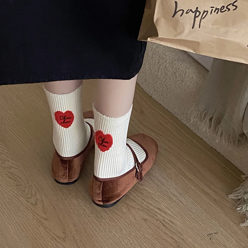 Super Cute For Women Embroidered Little Bear Red Heart Autumn Winter Cotton Warm Socks Mid-tube Knitted Thick Needle Home Sox