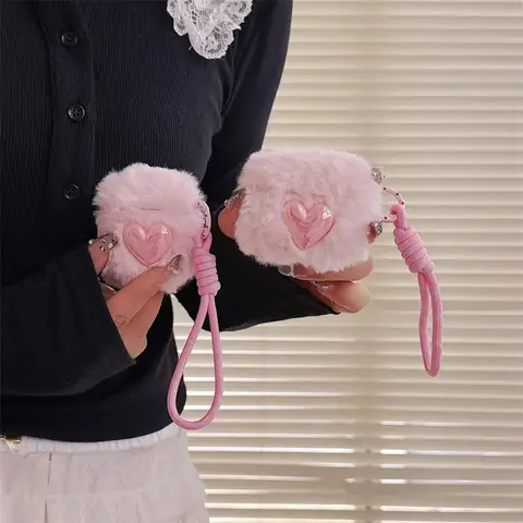 Etui ochronne z paskiem na nadgarstek do Apple Airpods 1 2 3 4 Pro Pro 2, urocze pluszowe etui w kształcie serca 3D na słuchawki Bluetooth.