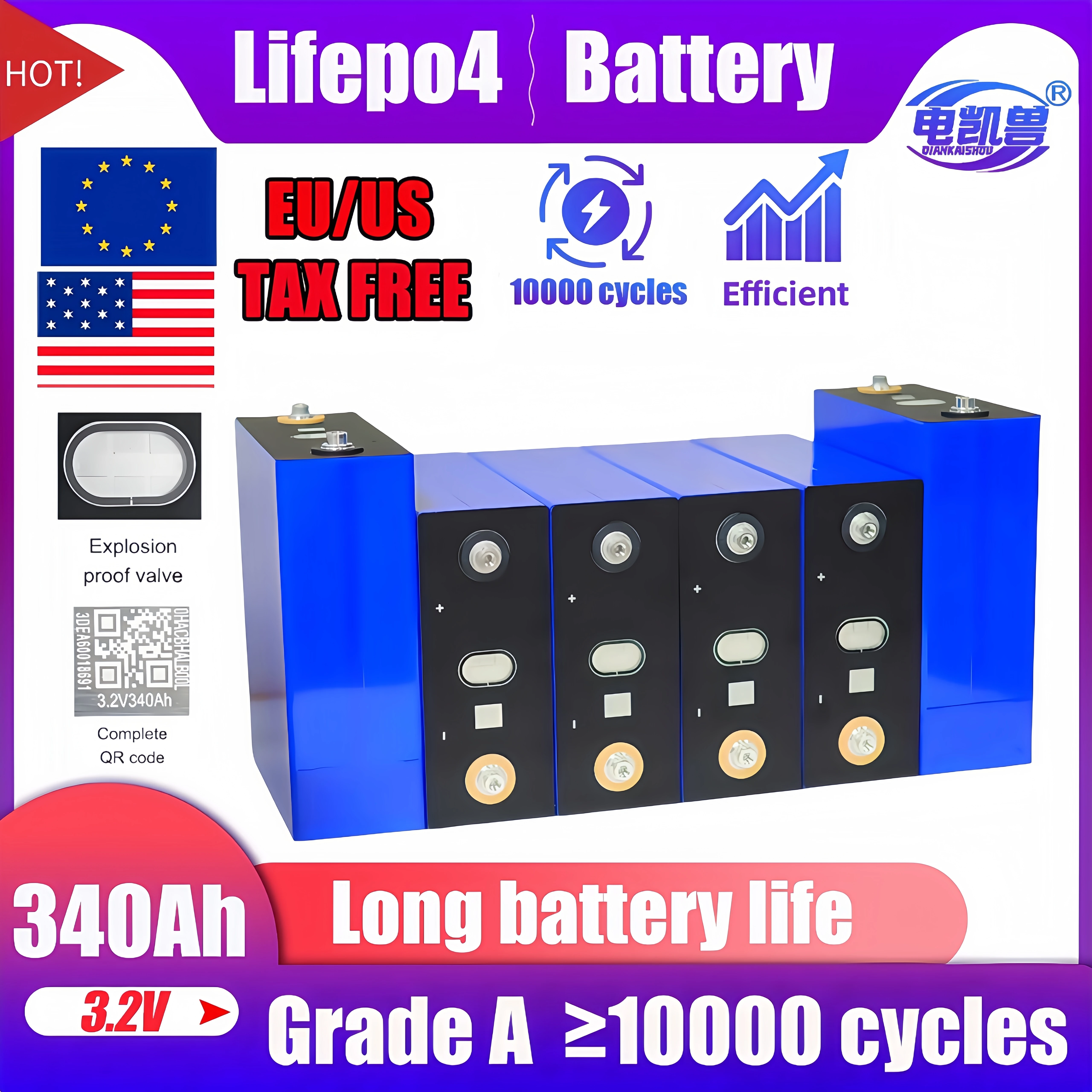 

3.2V 340AH Grade a Lifepo4 Rechargeable Battery 8000 Cycles for DIY RV EV Boat Golf Solar Energy Camping - 12V 24V 48V Tax-Free