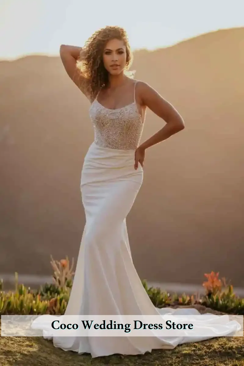 

Свадебные платья русалки с жемчугом на тонких бретельках по индивидуальному заказу, женские халаты русалки без рукавов, новые платья длины для мытья полов, Vestidos De Novias