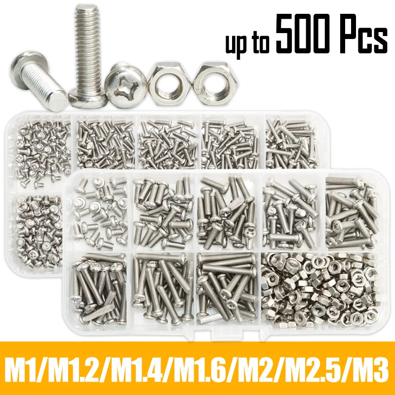 Image of Sechskantschraube M1 M1.2 M1.4 M1.6 M2.5 M3 304 Edelstahl Phillips Rundkopfschrauben- und Muttern-Set für Motherboard PCB Hardware