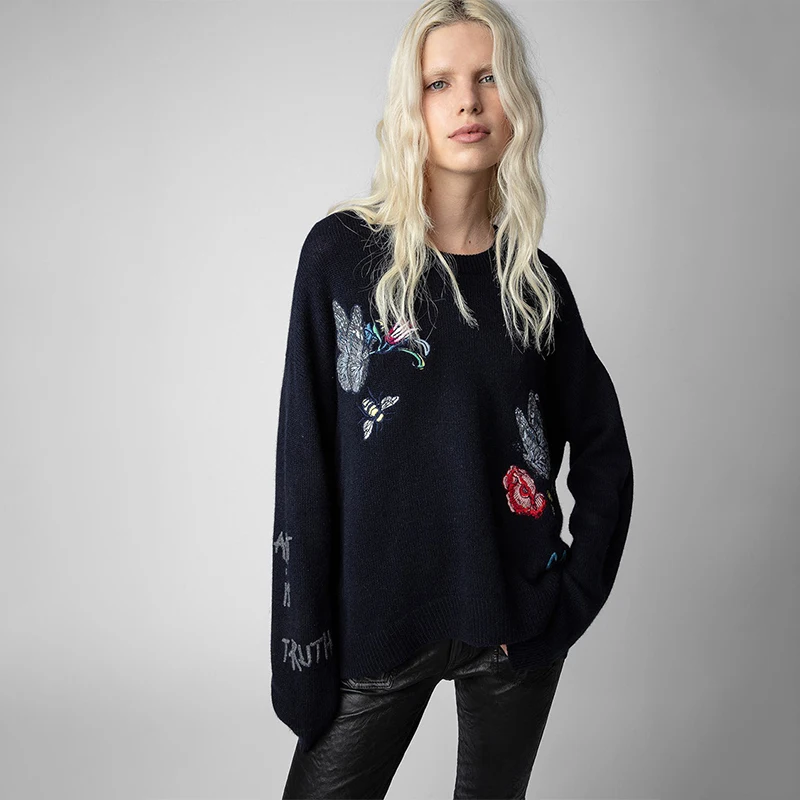 

Zadig O-Neck Sweater Women Loose Navy Blue Jumper Letter Embroidery Cashmere Top Butterfly Flower Sweater Casual Winter Pullover