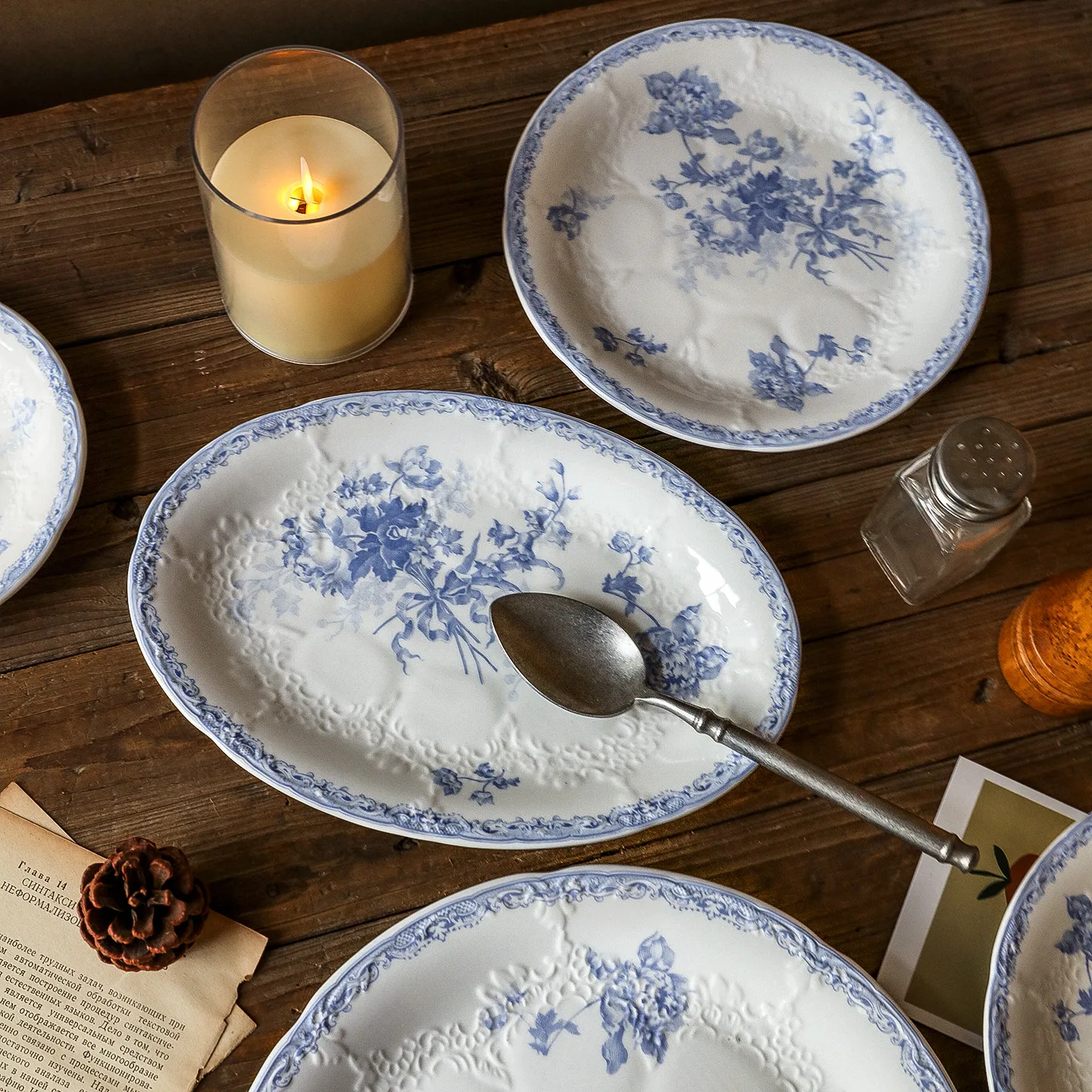 Blue Flora Ceramic Dish Dinner Plates with Beautiful Floral Design, Elegant Kitchen Dishes, Tableware for Dining or Display