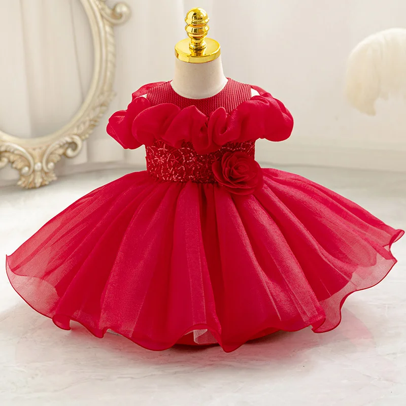 Girls Party Birthday Wedding Princess Red Ball Communion Gown 1st Birthday Baptism Beading Dress Baby Christmas Dress 0-4 Years