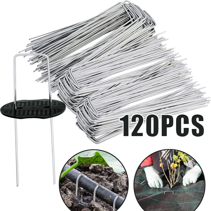 Silver Metal U Shape Garden Pegs Staples Ground Nails Lawn Fabric Film Fixing Stakes 40/80/120Pcs