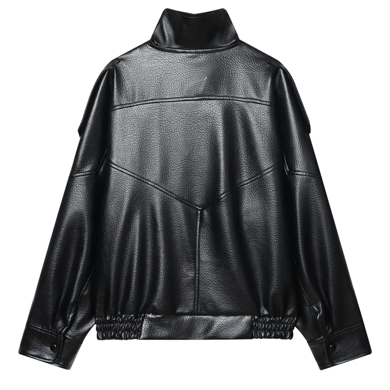 Giacca da donna in ecopelle con cerniera Giacca nera da mezza stagione 2025 Cappotto autunnale Colletto alla coreana da strada Capispalla da locomotiva da donna