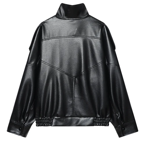 Imagen 2 del producto Chaqueta de mujer, chaqueta de cuero Pu negra, Top de manga larga para mujer, otoño 2025, nuevas chaquetas y abrigos, chaqueta con cremallera de calle, ropa de calle
