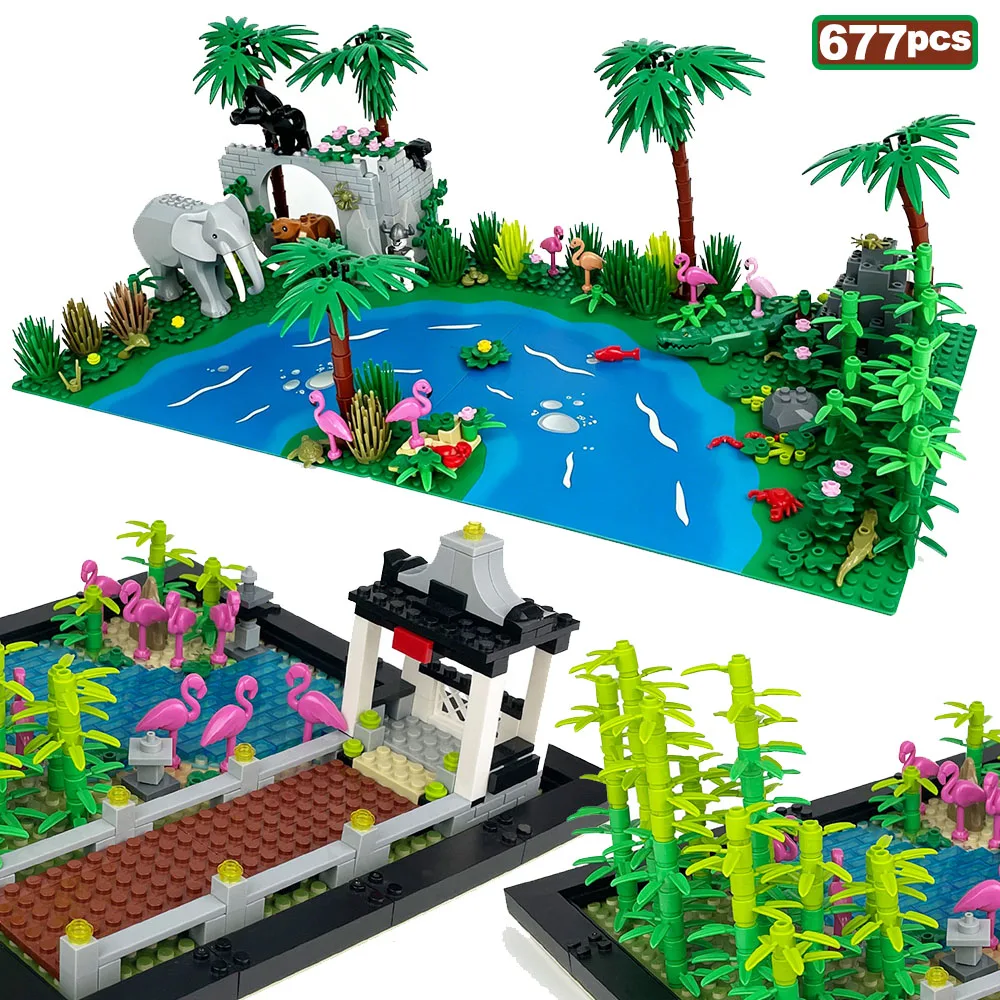 677 pièces MOC Blocs de construction créatifs Parc forestier humide Simulation Jungle Rivière Flore Faune Briques Modèle Jouets Éducatifs Cadeaux