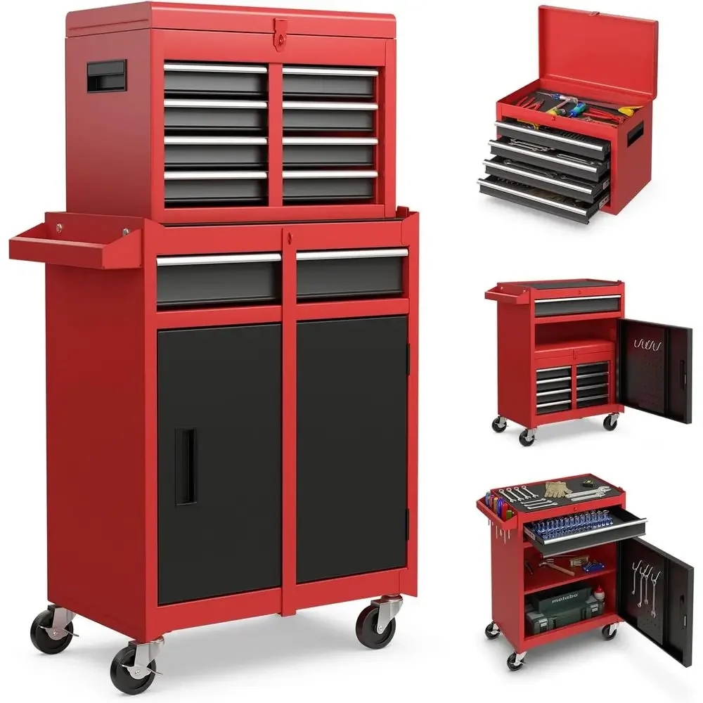 

Rolling Tool Chest, 2-in-1 Large acity Tool Cabinet with Wheels, 5 Ders & Auto-Locking System, Heavy-Duty Metal Toolbox or Works