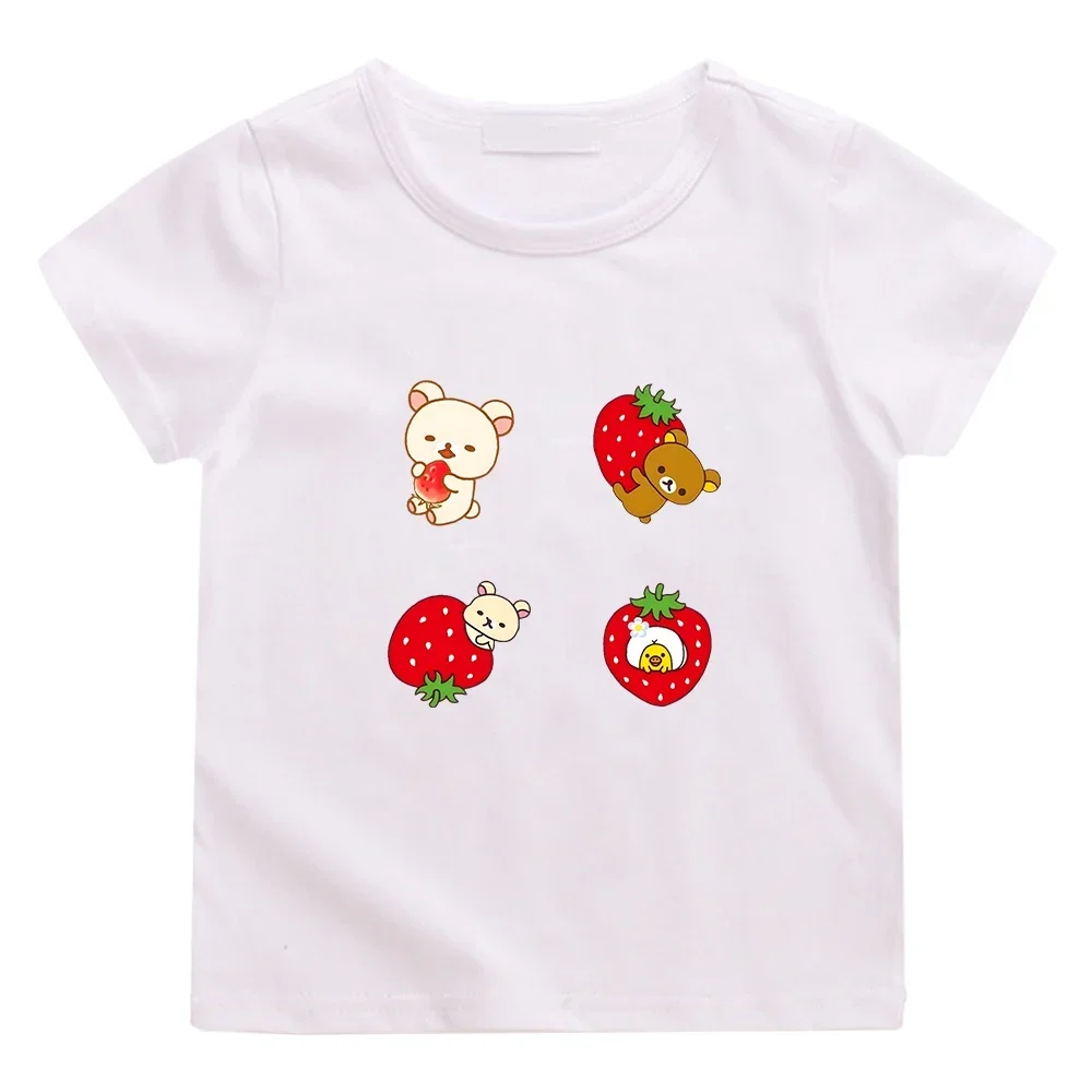 Kiiroitori Yellow Chick Strawberry T-shirts Rilakkuma and Korilakkuma Bear Tee-shirt Kawaii Graphic Printing Tshirts 100% Cotton