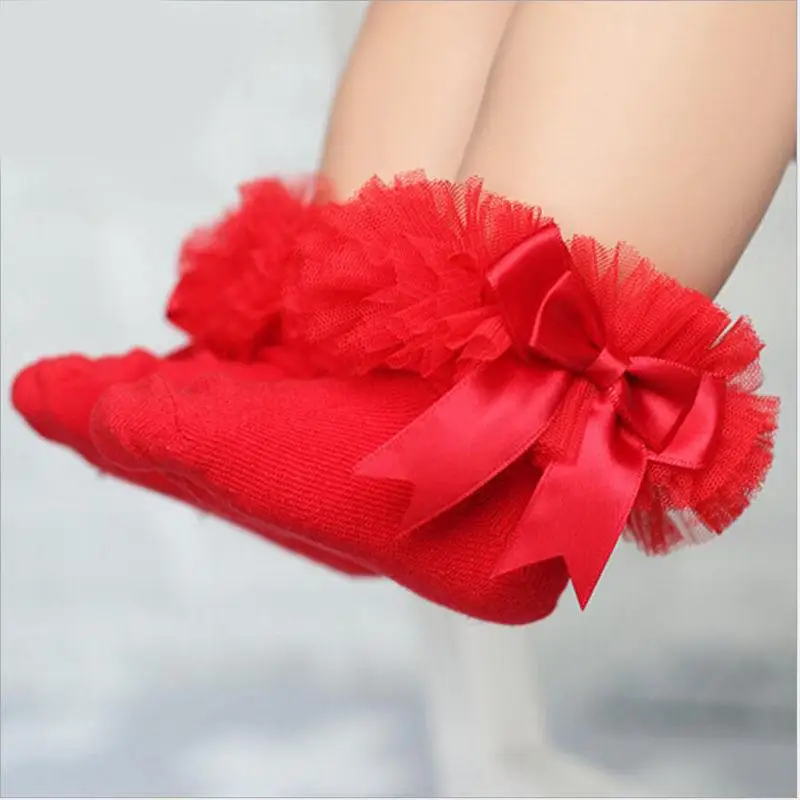Baby Girls Socks With Bow Tie Lace Ruffle Princess Cotton Sock with Ribbons Multi Colors Princes socks