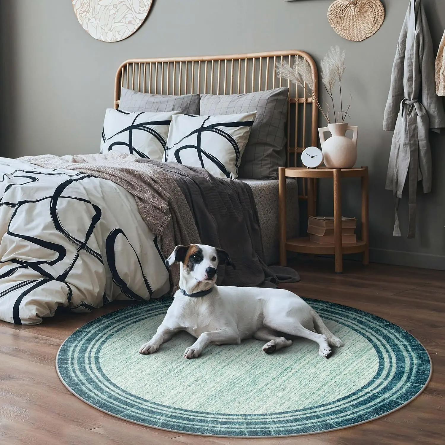 Elegant Large Round Area Rug Boho Teal Blue Abstract Pattern Distressed Farmhouse Style Living Room Floor Decor Carpet