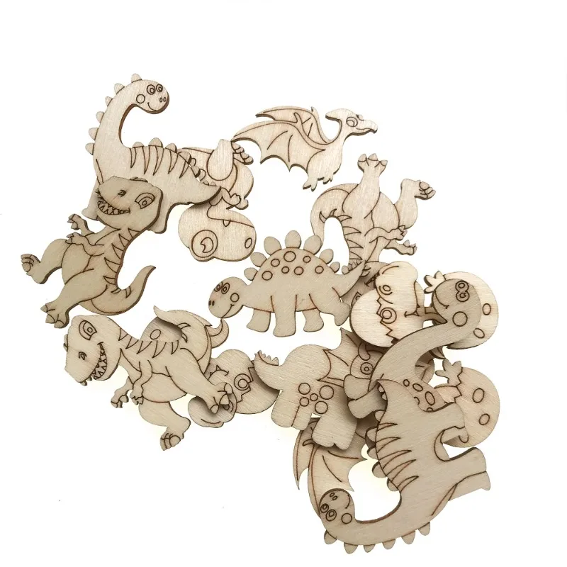 

50 шт. разные незавершенные деревянные вырезы в виде динозавров, принадлежности для рукоделия, кусочки дерева, пустые ломтики для рукоделия, живописи, дня рождения
