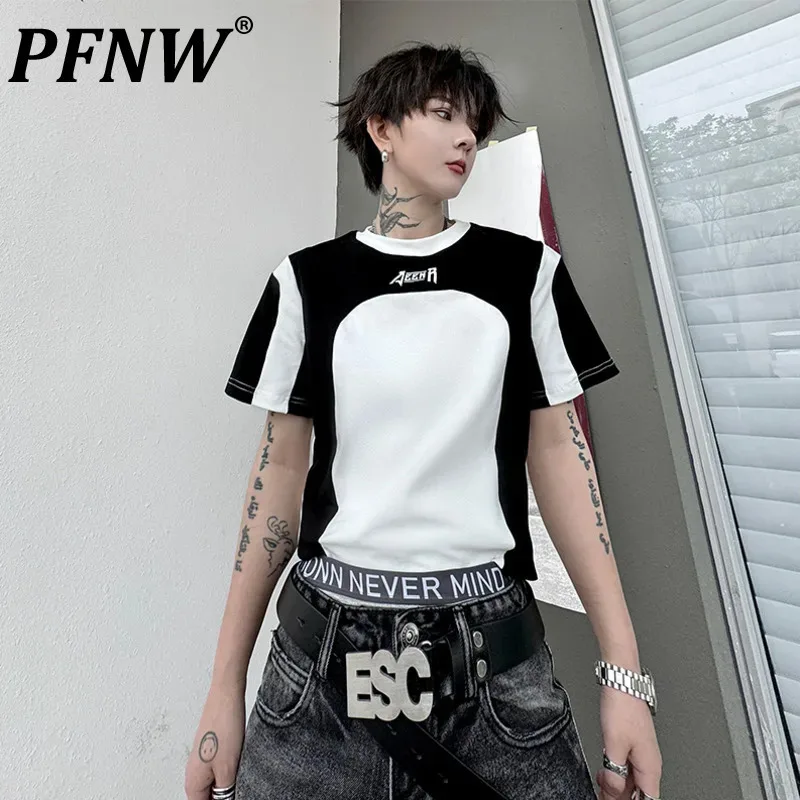 

PFNW Men's T-shirt Patchwork Design Contrast Color Slim-fit Casual Tees Round Collar Streetwear 2024 Summer Trendy 28W3737