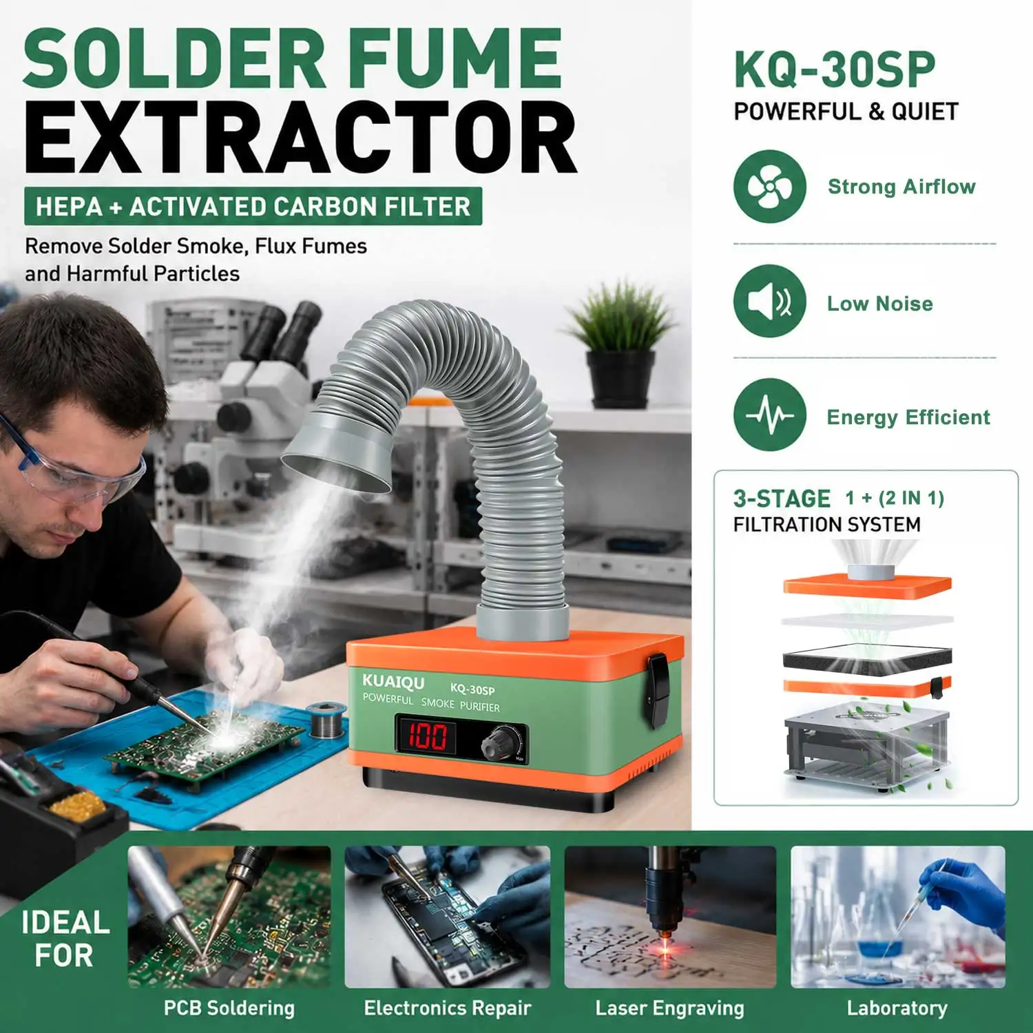 KUAIQU Solder Fume Extractor For Electronics Repair Desktop Smoke Absorber H13 HEPA Carbon Filter Filter Replacement Reminder Adjustable Airflow 1–100% LED Display Real-time Runtime Tracking PCB Soldering Station Flux Fume Removal Laser Engraving Workshop