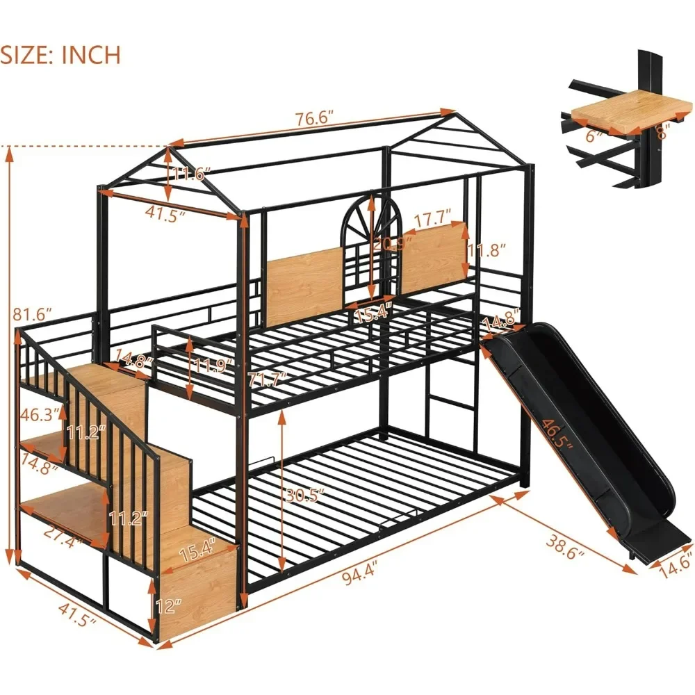 Litera de casa doble sobre doble, estructura de litera de metal con tobogán, escaleras y barandillas para niños, adolescentes, niñas, niños pequeños