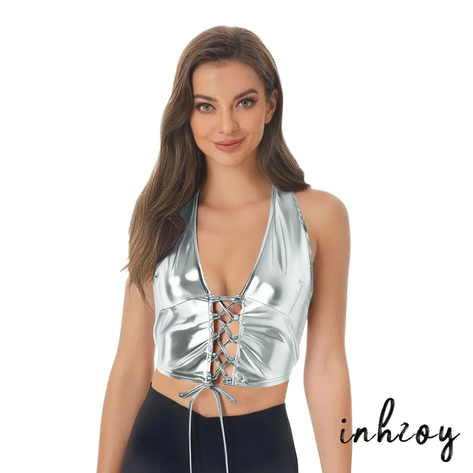 

Sexy Womens Halter Erotic Tank Tops Front Lace-up Backless Metallic Shiny Crop Tops Vest for Nightclub Bar Raves Party Carnival