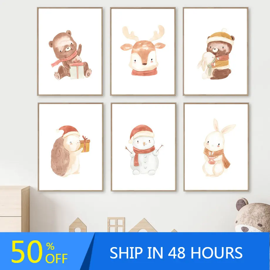 

Cute Christmas Snowman Bear Hedgehog Holiday Gift Wall Art Canvas Painting Nordic Poster And Print Wall Pictures Kids Room Decor