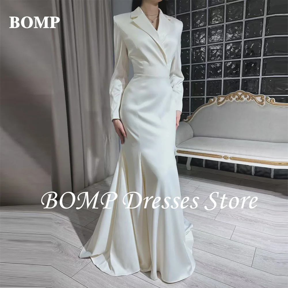 BOMP Formal Evening Dresses Satin White Silk Satin V-Neck Suit Collar Long-Sleeved Floor-Length Special Occasion Gown Customized