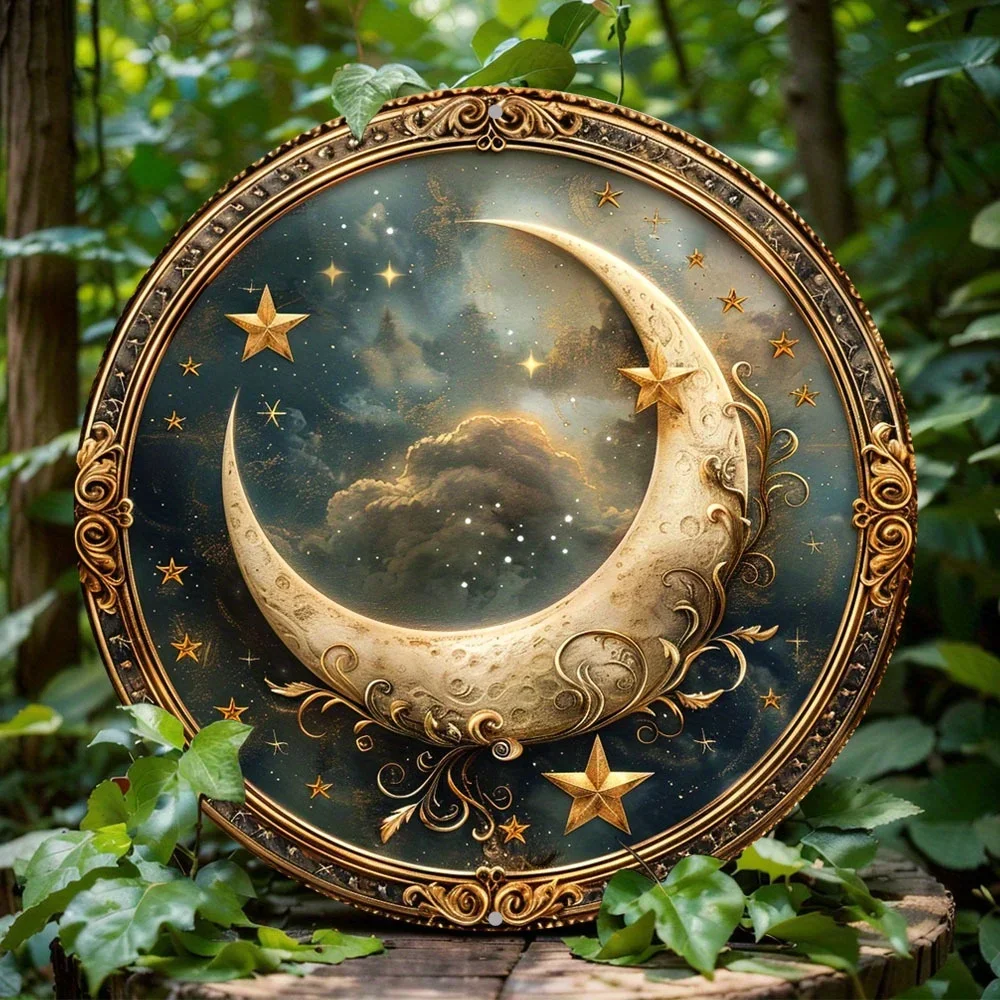

Round Aluminum Metal Decor Sign, Vibrant Stars and Moon Themed Wreath Design, Perfect for Home, Cafe, Wall Decoration