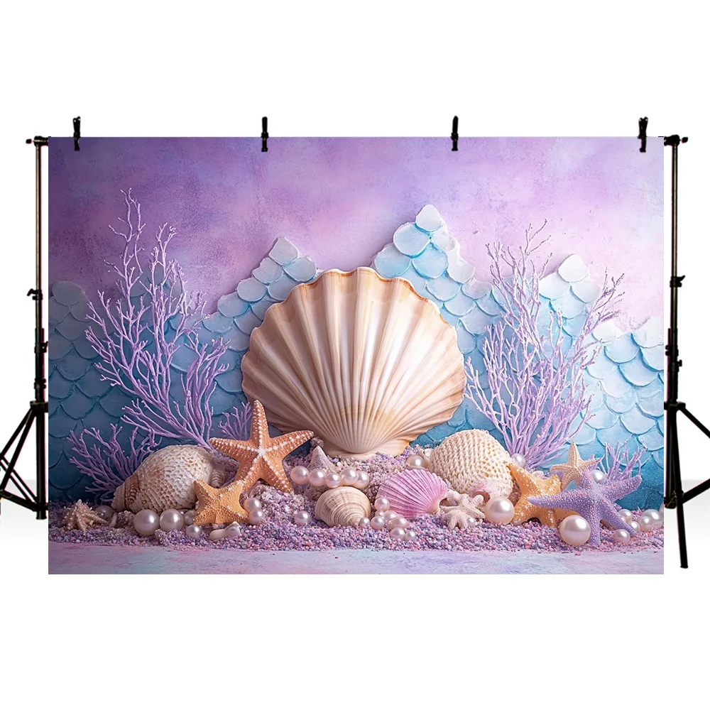Mehofond Undersea Photography Backdrop Starfish Shell Pearl Mermaid Princess Girl Birthday Party Portrait Decor Background