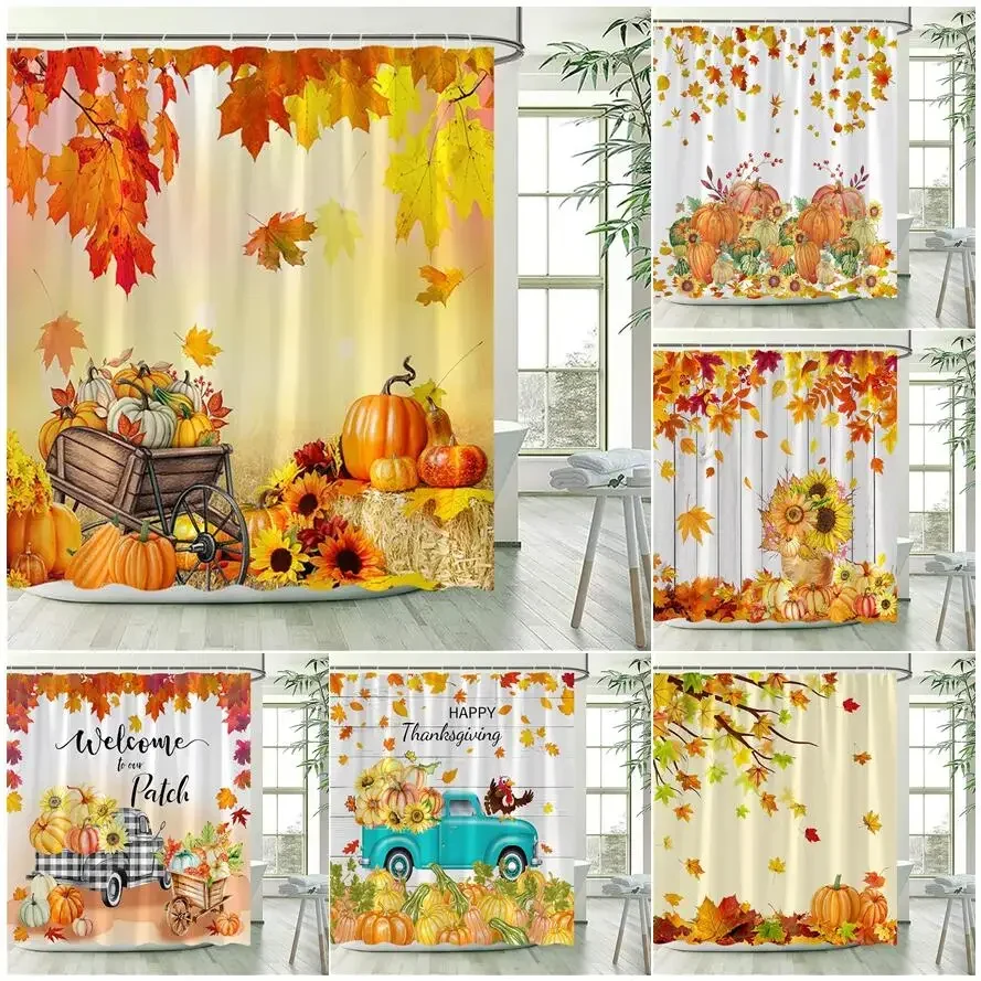 Autumn Farm Shower Curtains Red Maple Leaves Haystack Pumpkin Truck Sunflower Bathroom Curtain Decor Waterproof Cloth With Hooks