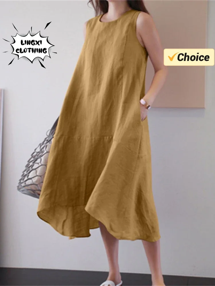 Summer Fashion New Elegant Women's Cotton and Hemp Dress Round Neck Sleeveless Loose Solid Commuter Style Long Pocket Dress