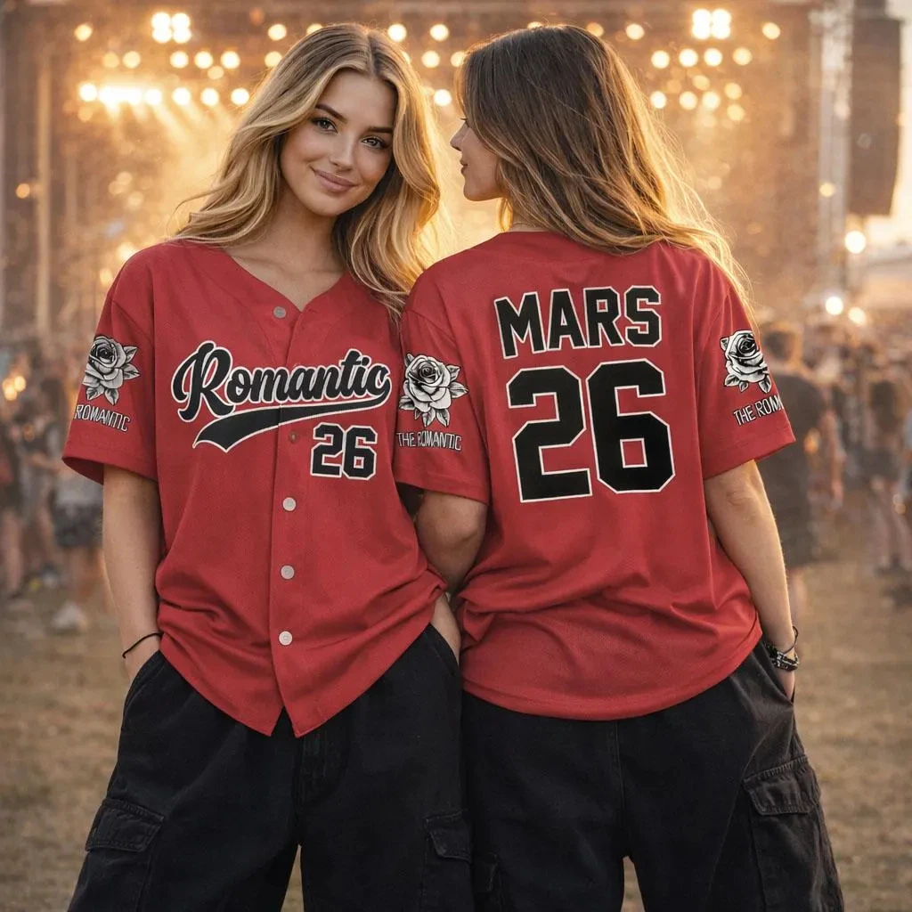 Camiseta de béisbol The Romantic Tour 2026 inspirada en Bruno Mars, camiseta informal con estampado de rosas para fanáticos, niños y adultos
