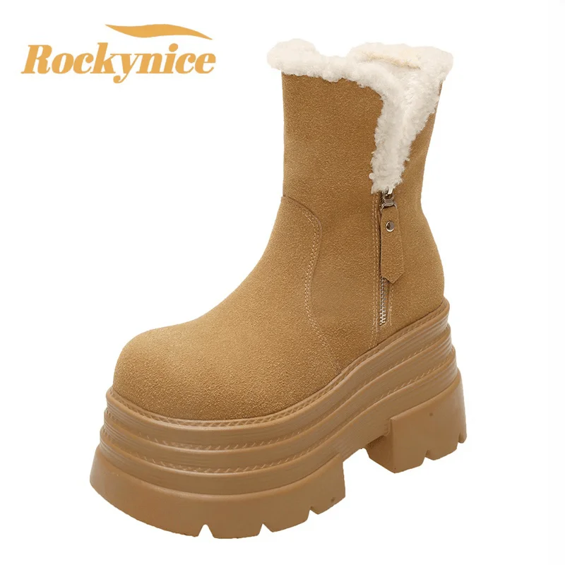 

Winter Warm Snow Boots Women High Platform Fur Mid-Calf Boots Thick Bottom Plush Shoes Female 10CM Heels Chunky Leather Sneakers