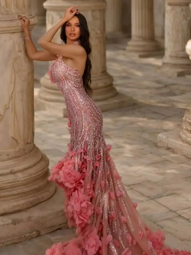 

Glamorous Pink Light Pink Base Long Dress High Neck Long Train Back Pearl Party Dress Evening Gown For Wedding Guest فساتين سهرة