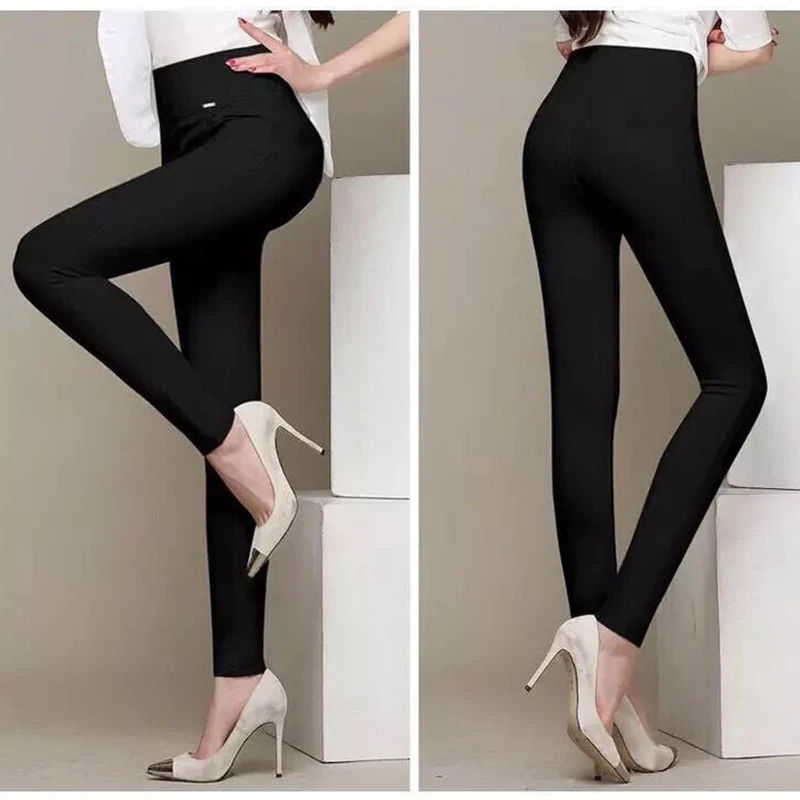 Spring New Korean Black High Waisted Elastic Leg Pencil Pants Women's Solid Pockets Versatile Fashion Casual Straight Trousers