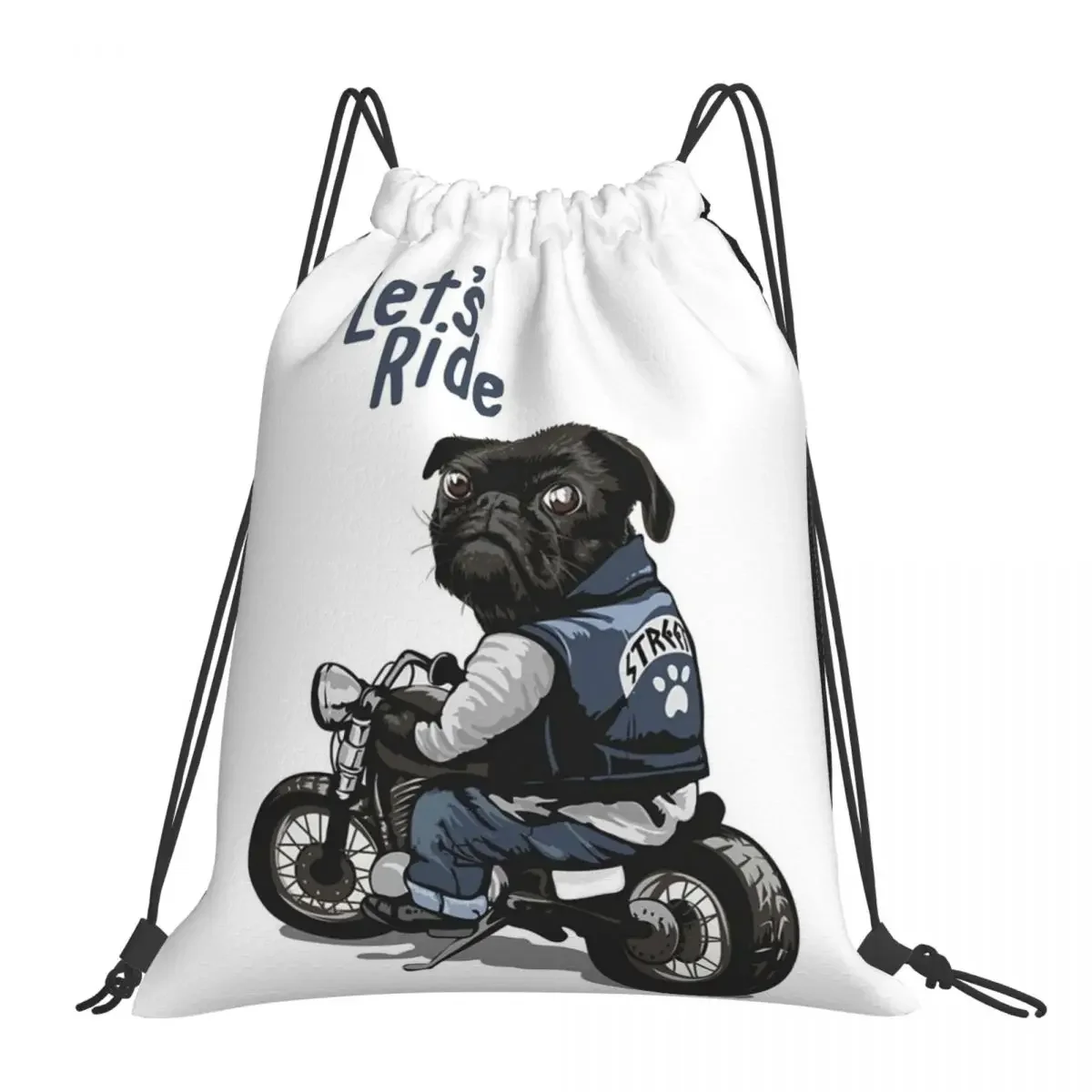 

Let's Ride Motorcycle Big Bike Black Pug Dog Backpacks Drawstring Bags Drawstring Bundle Pocket Sports Bag BookBag