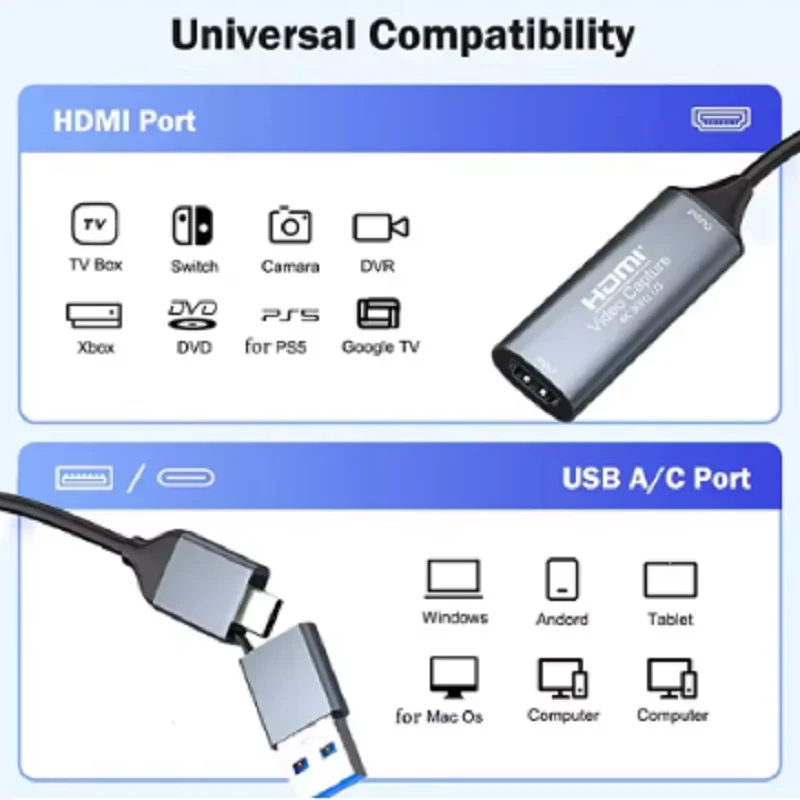 2 في 1 4K USB C بطاقة التقاط الفيديو USB نوع C 3.0/2.0 المنتزع محول تسجيل 1080P 60fps HDMI إلى USB/USB C تسجيل الصوت والفيديو #3