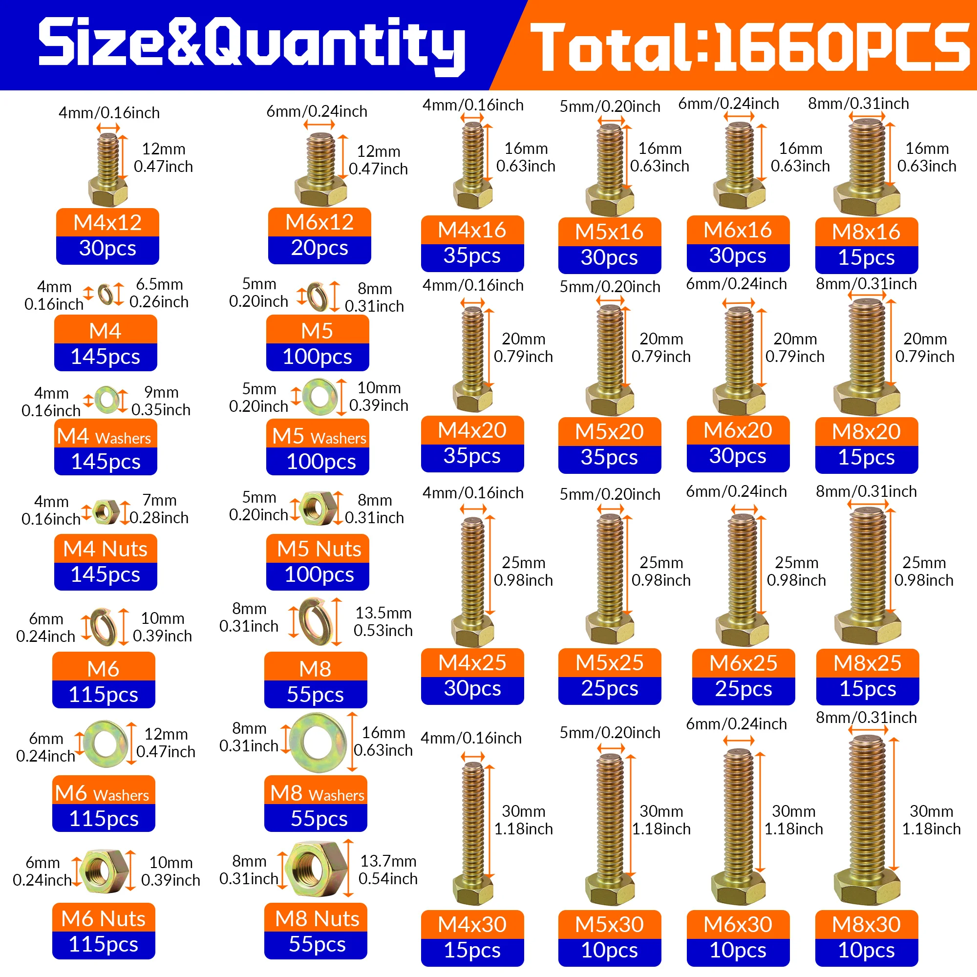 1660Pcs Grade 8.8 Hex Head Bolts & Nuts Kit, Color Zinc Plated Fastener Assortment with Washers for Machinery Repair