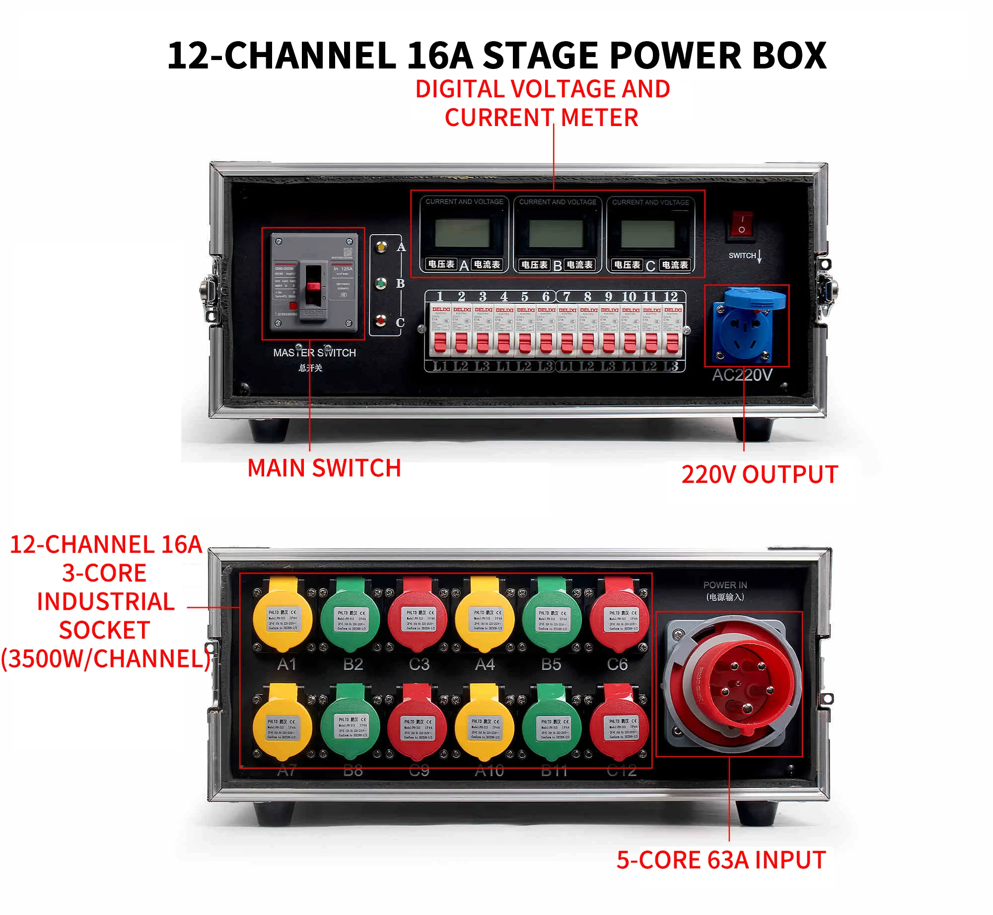 12 Channels 12 Ways Stage Power Distribution Box with Waterproof Sockets Stage Power Distro Box Power Distro Equipment for Stage