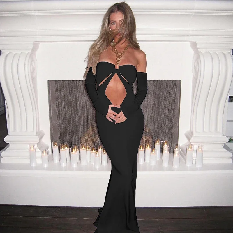 Robe maxi dos nu évidée à manches longues pour femmes, tenues Y2K, monochromatique, licou, sexy, mince, fête, vacances, mode automne
