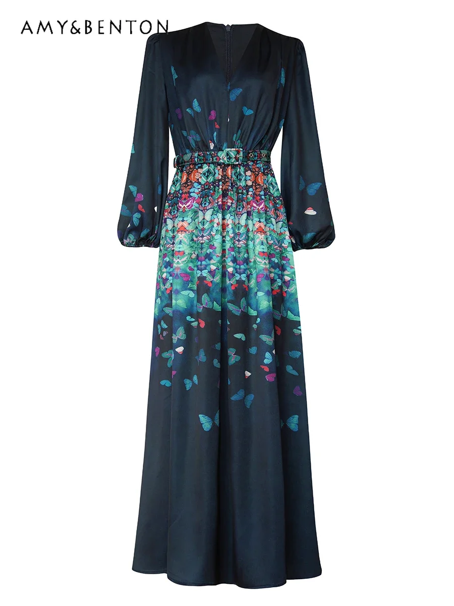 Spring Autumn Retro Printed Dress High-end Satin V-Neck Long Sleeve Maxi Dresses for Women French Temperament Evening Dresses